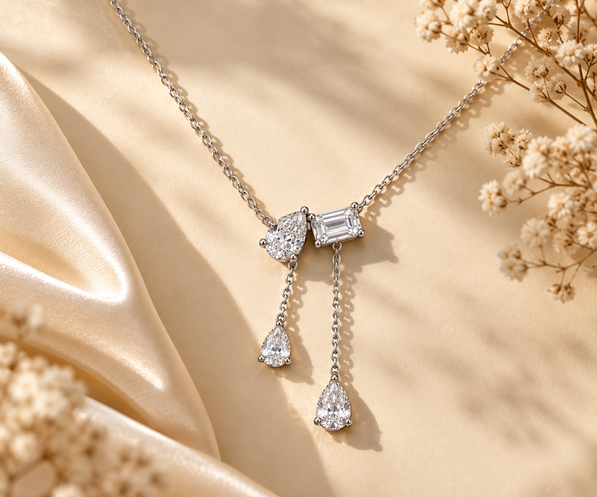 Silver Pear & Baguette Crystal Drop Necklace