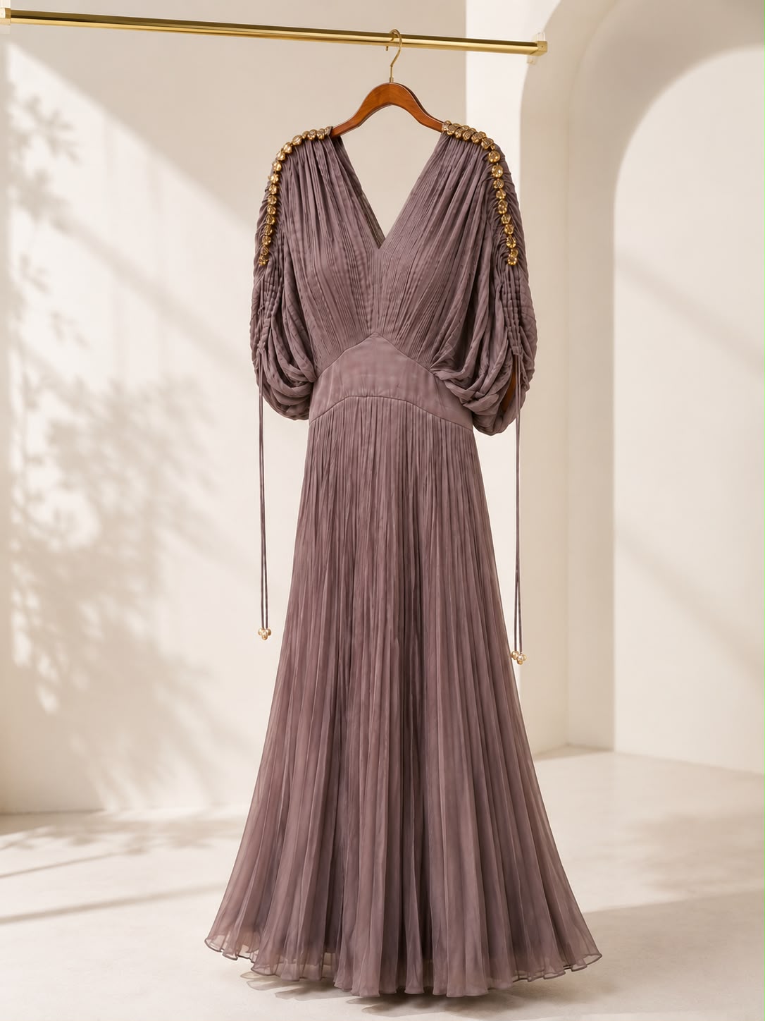 Pleated Draped Gown – Dusty Mauve Dress