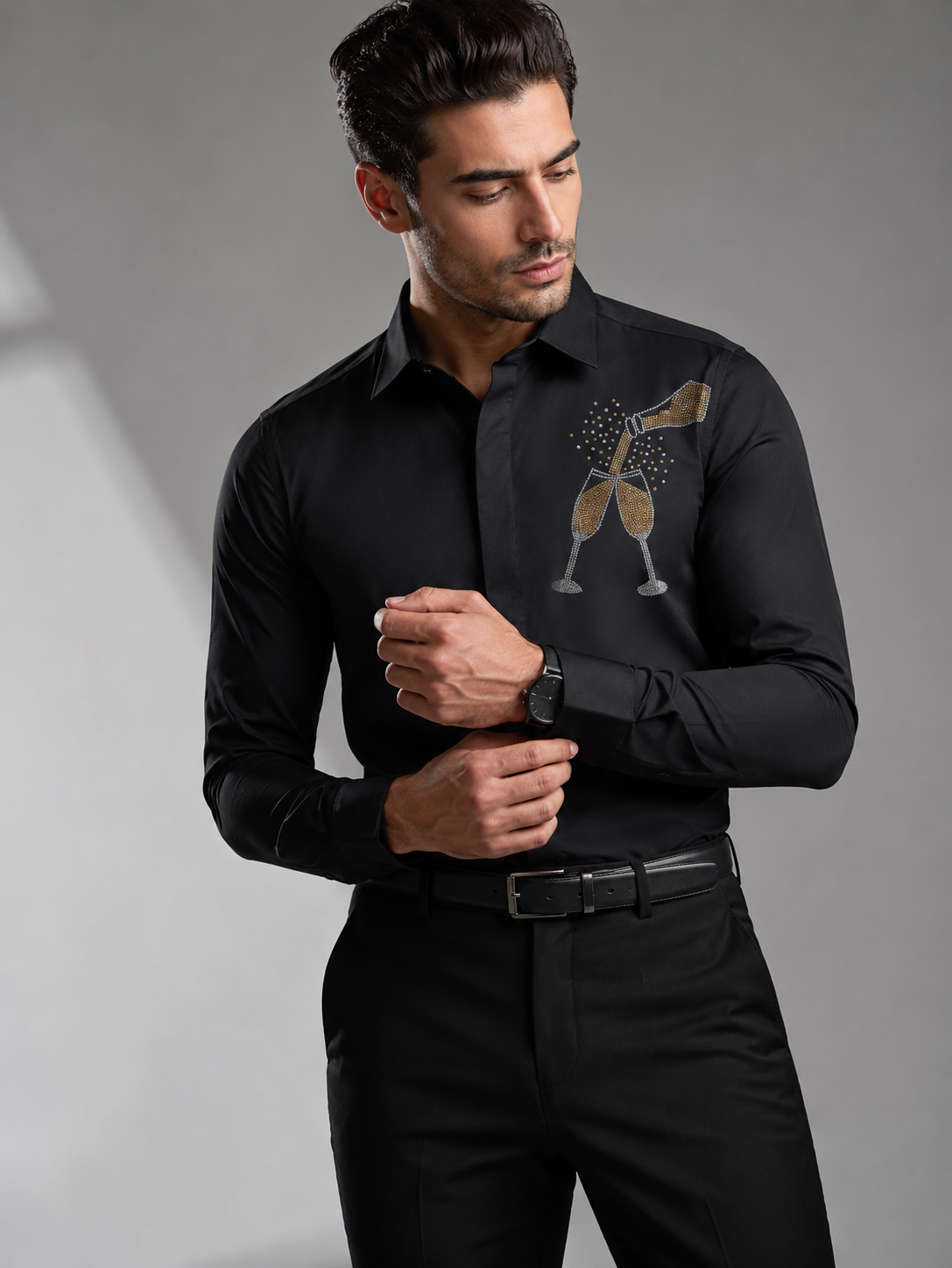 Crystal Champagne Motif Black Shirt