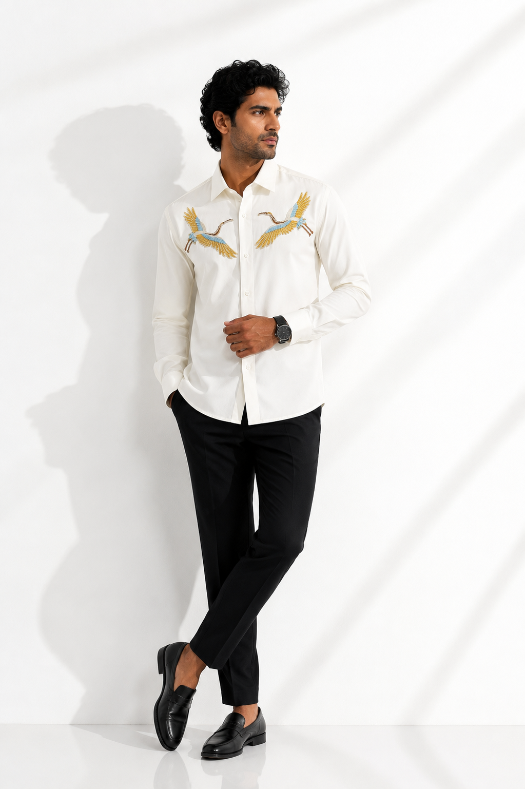 Signature Twin Crane Embroidered White Shirt