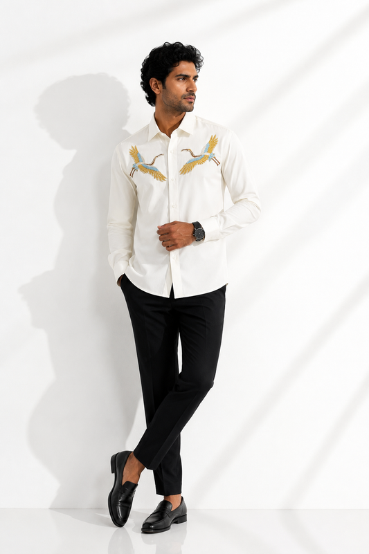 Signature Twin Crane Embroidered White Shirt