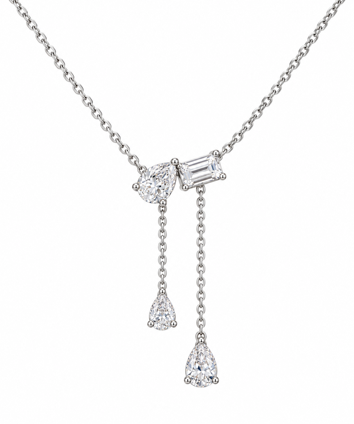 Silver Pear & Baguette Crystal Drop Necklace