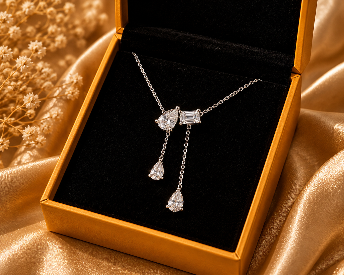 Silver Pear & Baguette Crystal Drop Necklace