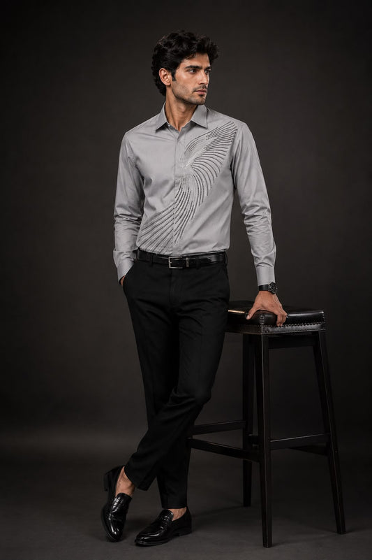 Grey Feather Arc Embroidered Premium Shirt