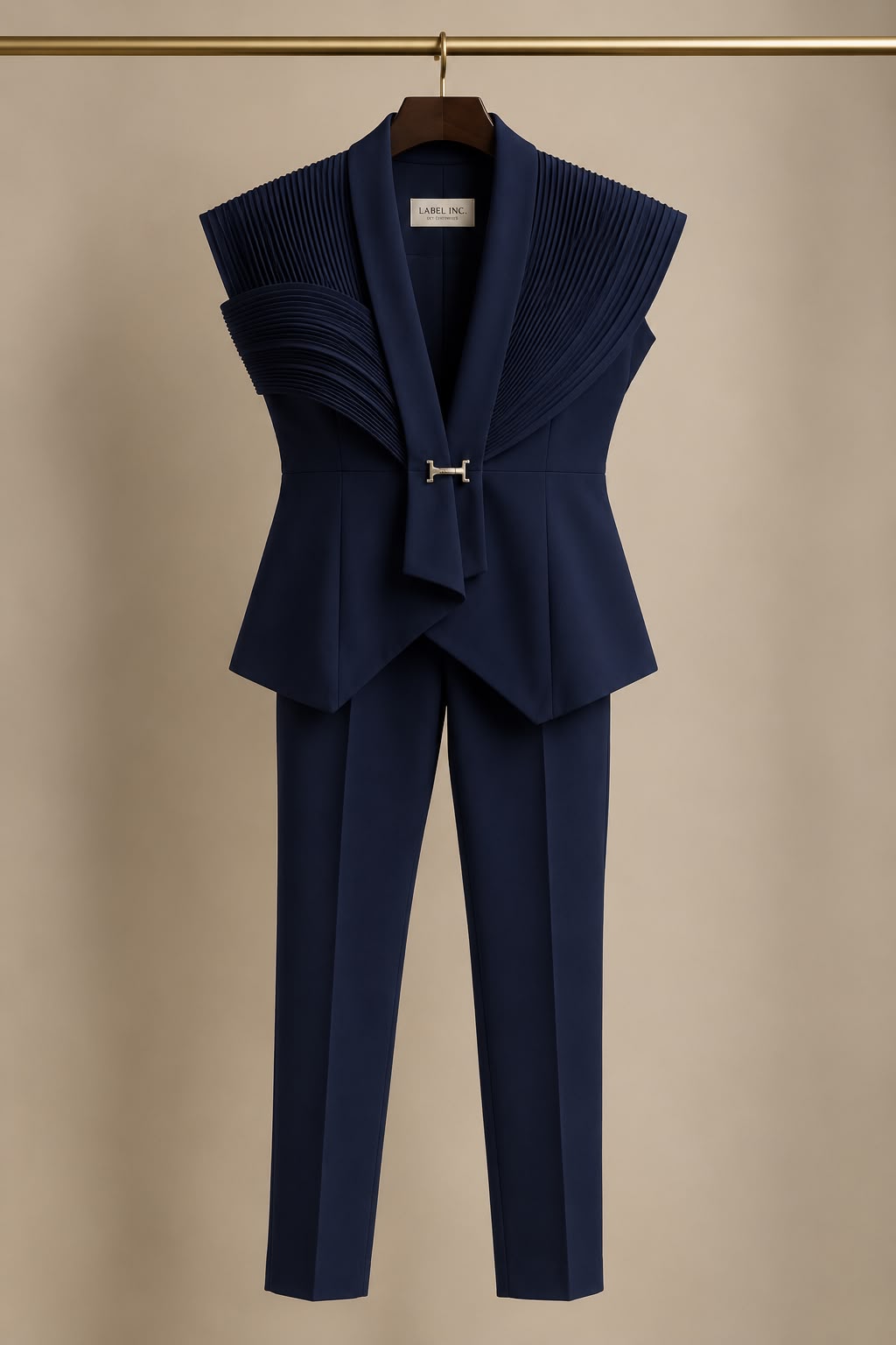 Midnight Blue Sculpted Pleat 3-Piece Pantsuit Set