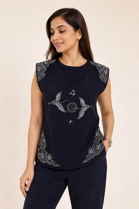Navy Embellished Bib Top