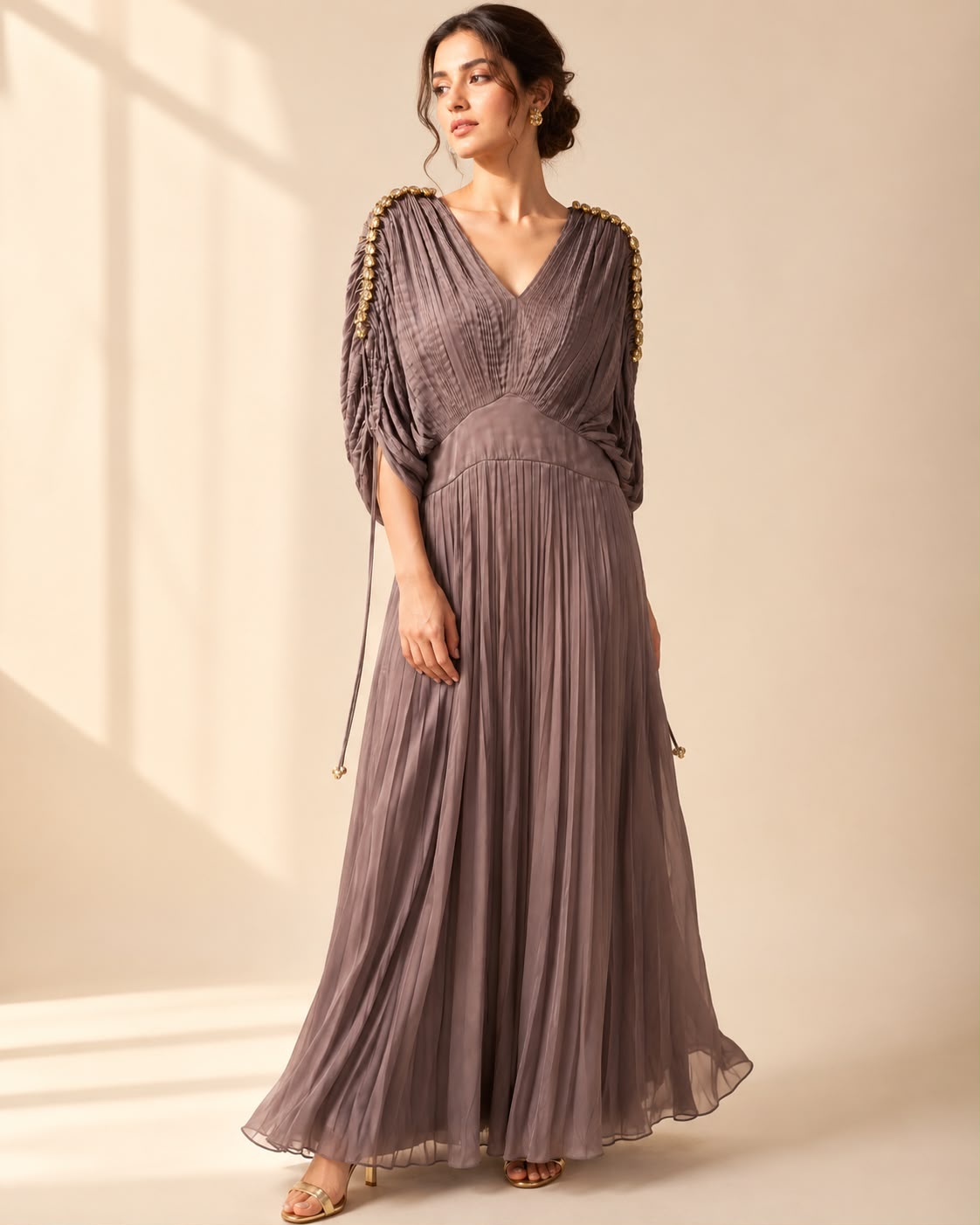 Pleated Draped Gown – Dusty Mauve Dress