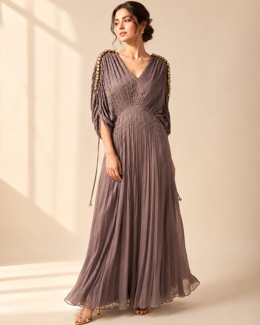 Pleated Draped Gown – Dusty Mauve Dress