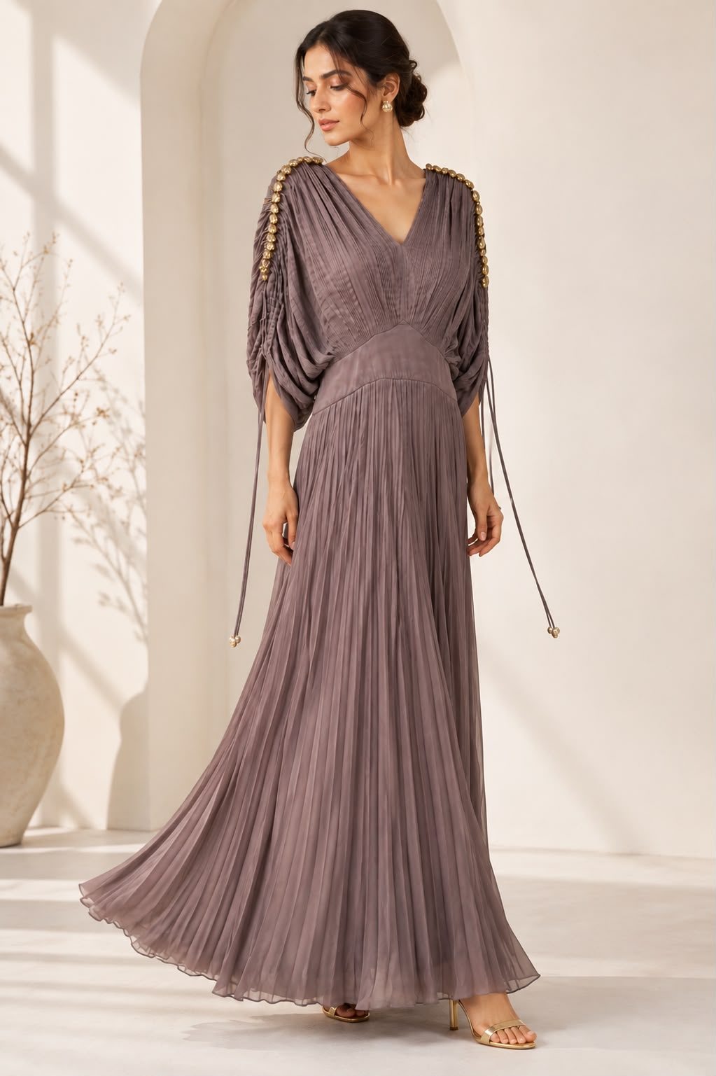 Pleated Draped Gown – Dusty Mauve Dress