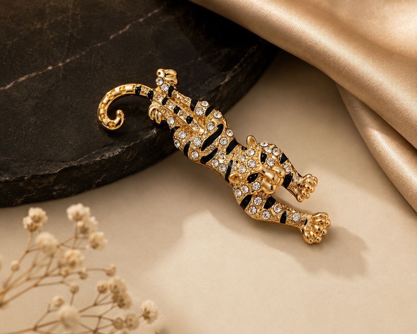 Crawling Tiger Crystal Brooch