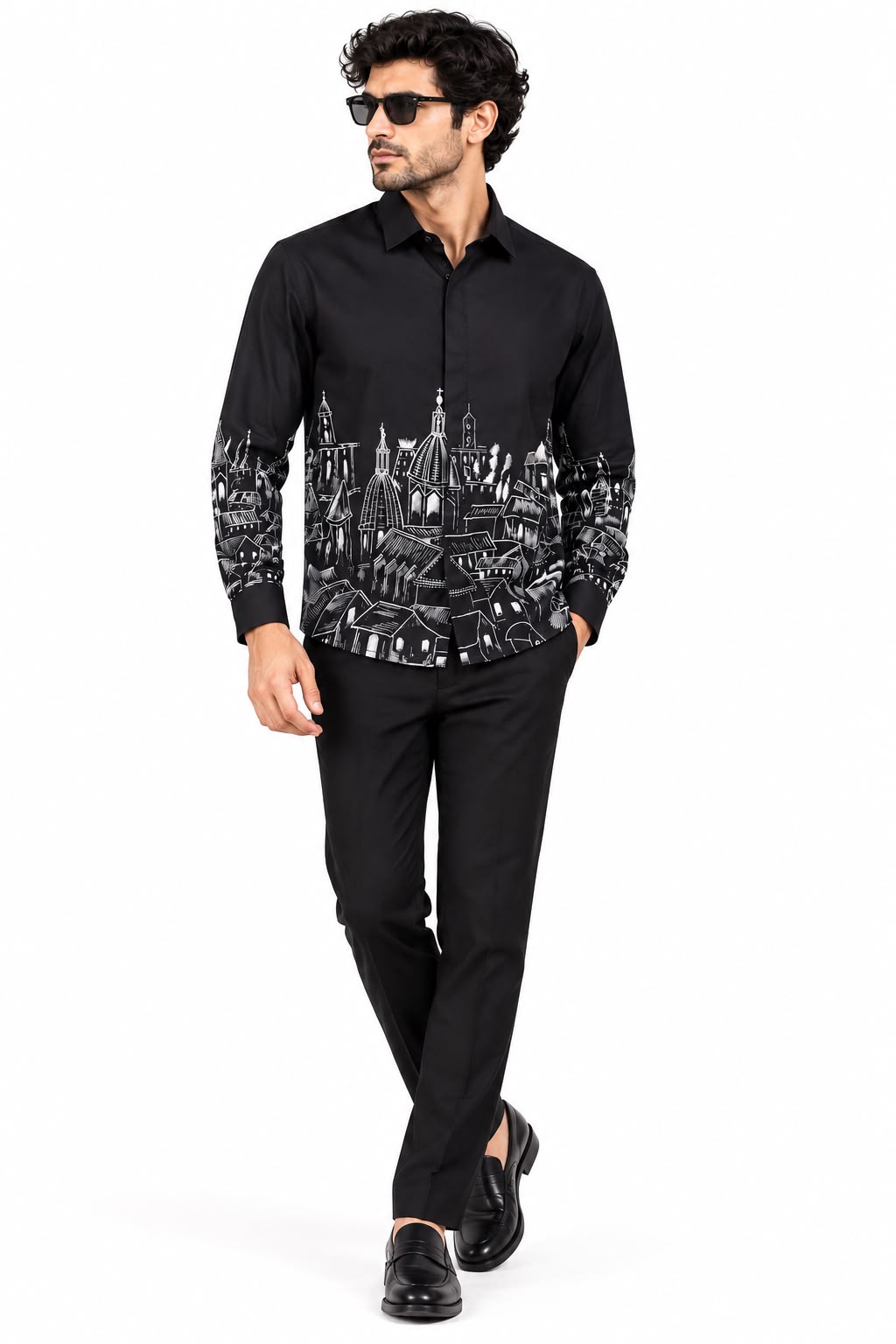 Black Cityscape Hand-Painted Shirt