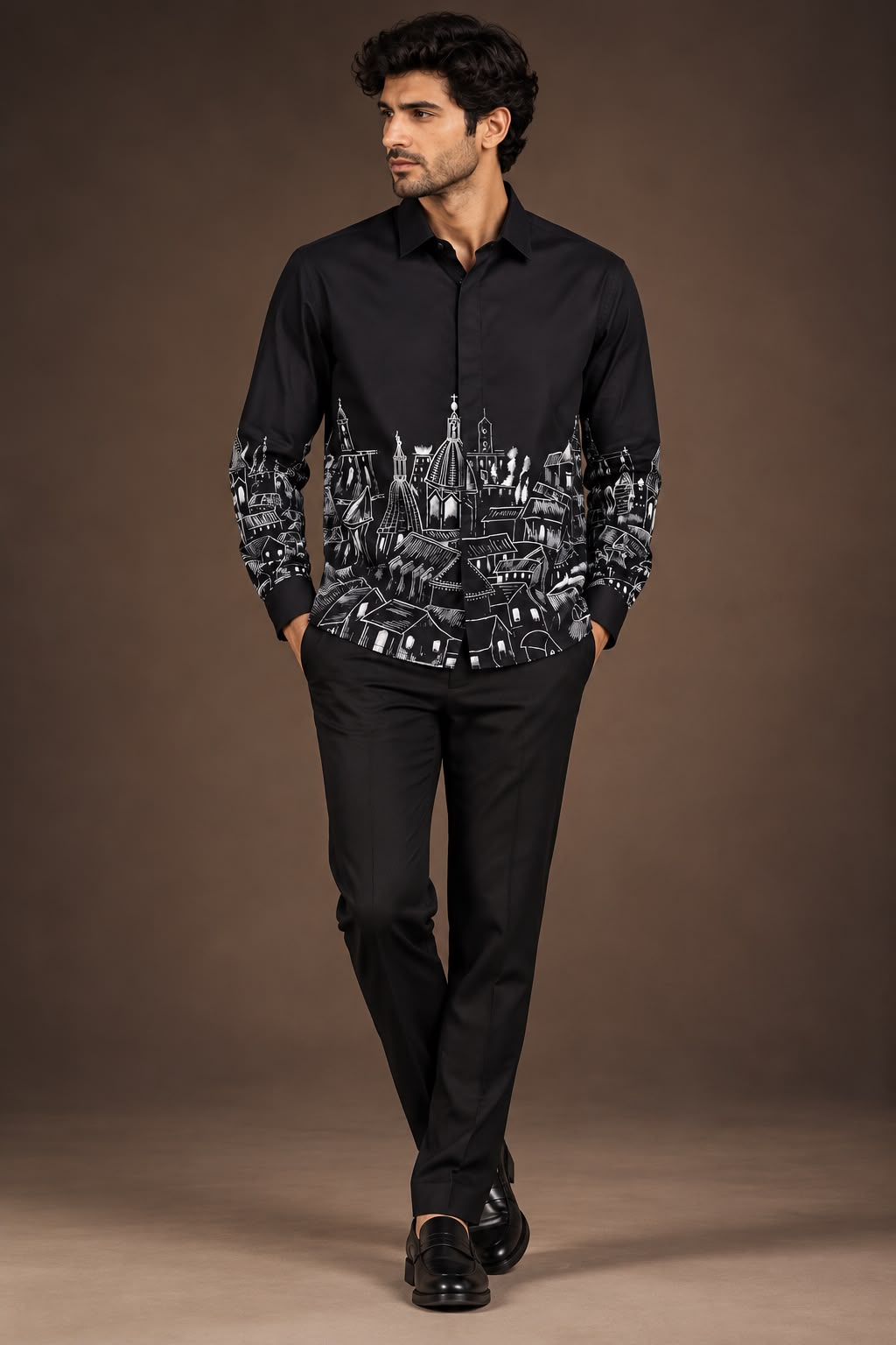Black Cityscape Hand-Painted Shirt