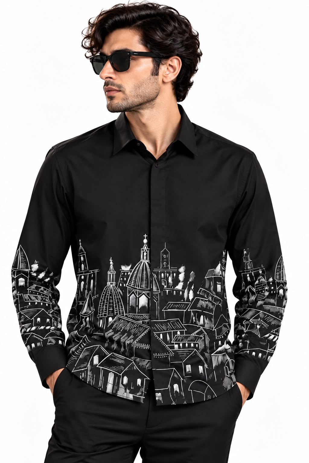 Black Cityscape Hand-Painted Shirt