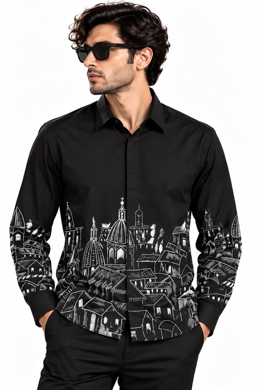 Black Cityscape Hand-Painted Shirt